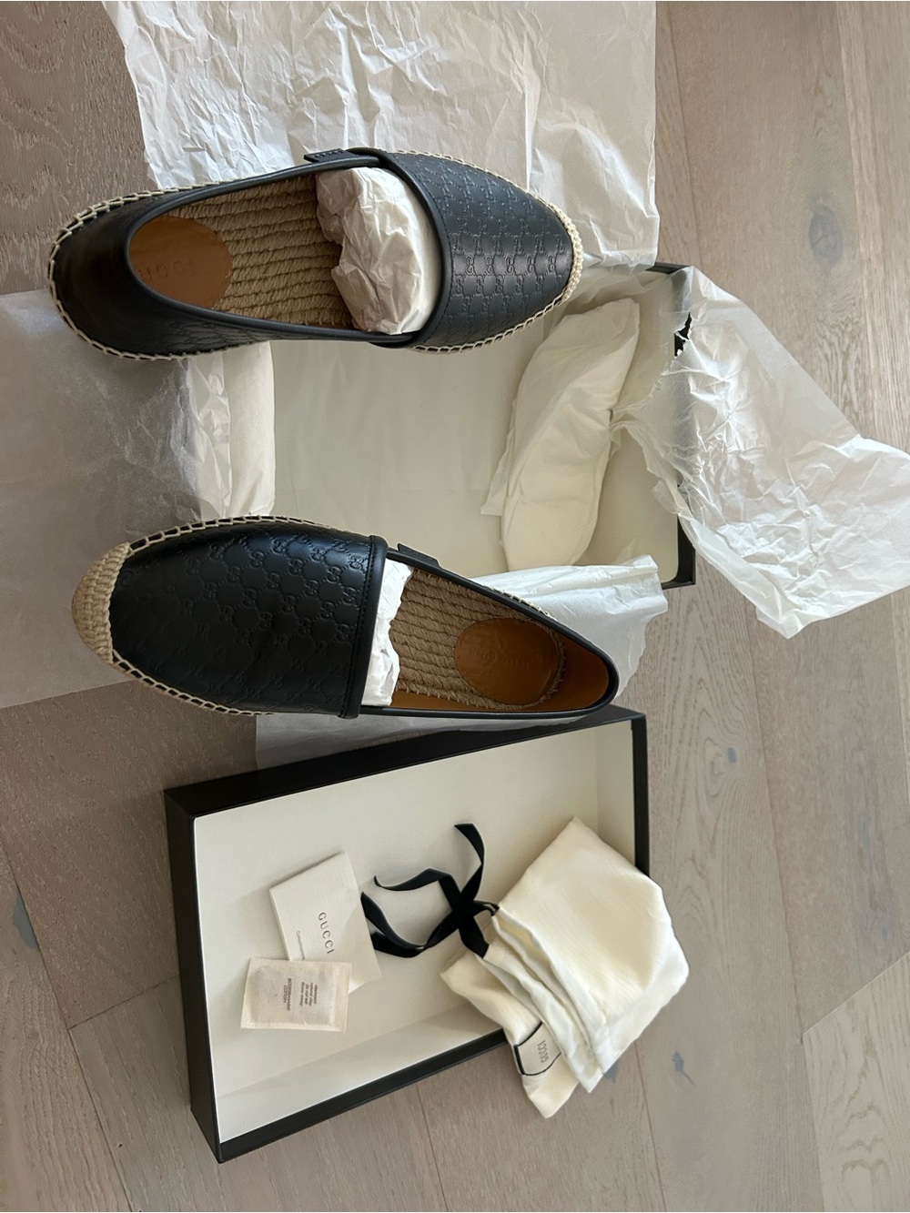 Gucci Black Leather Espadrille Flats with Woven Jute Trim